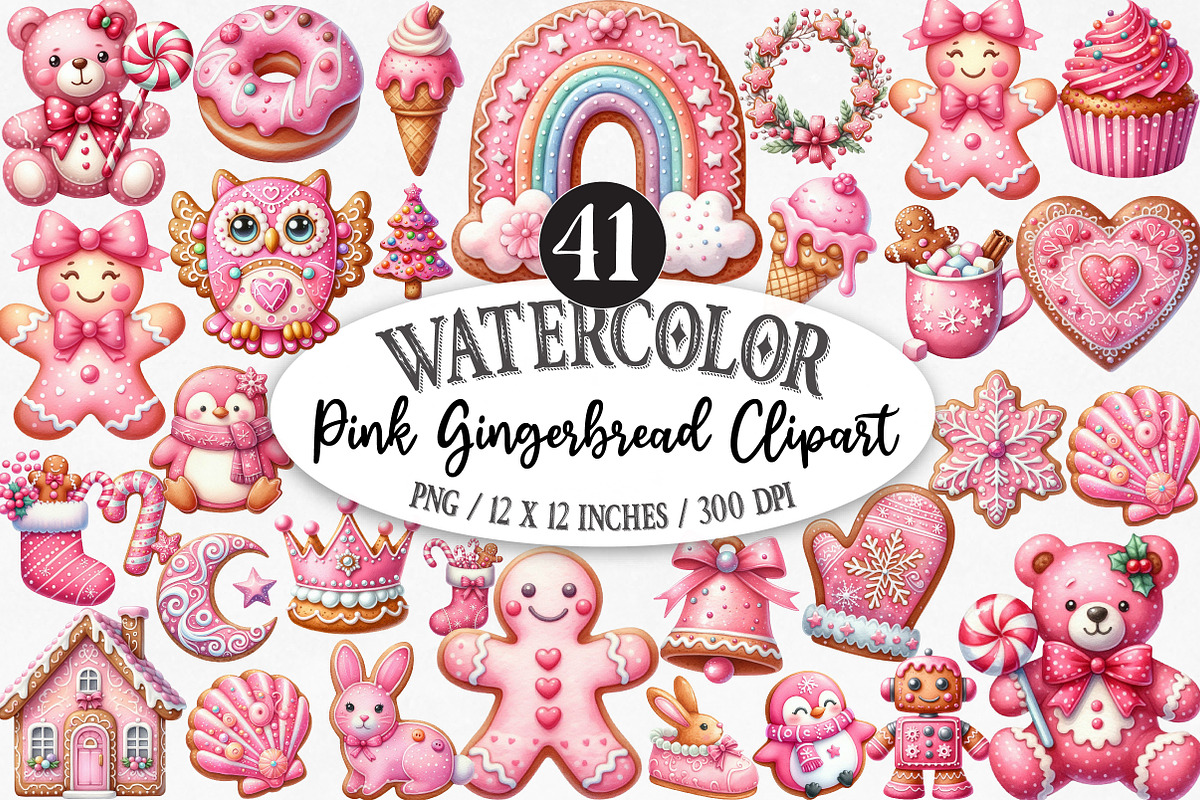 Watercolor Pink Gingerbread Clipart, an Illustration by Designking (Photo 1 of 5)