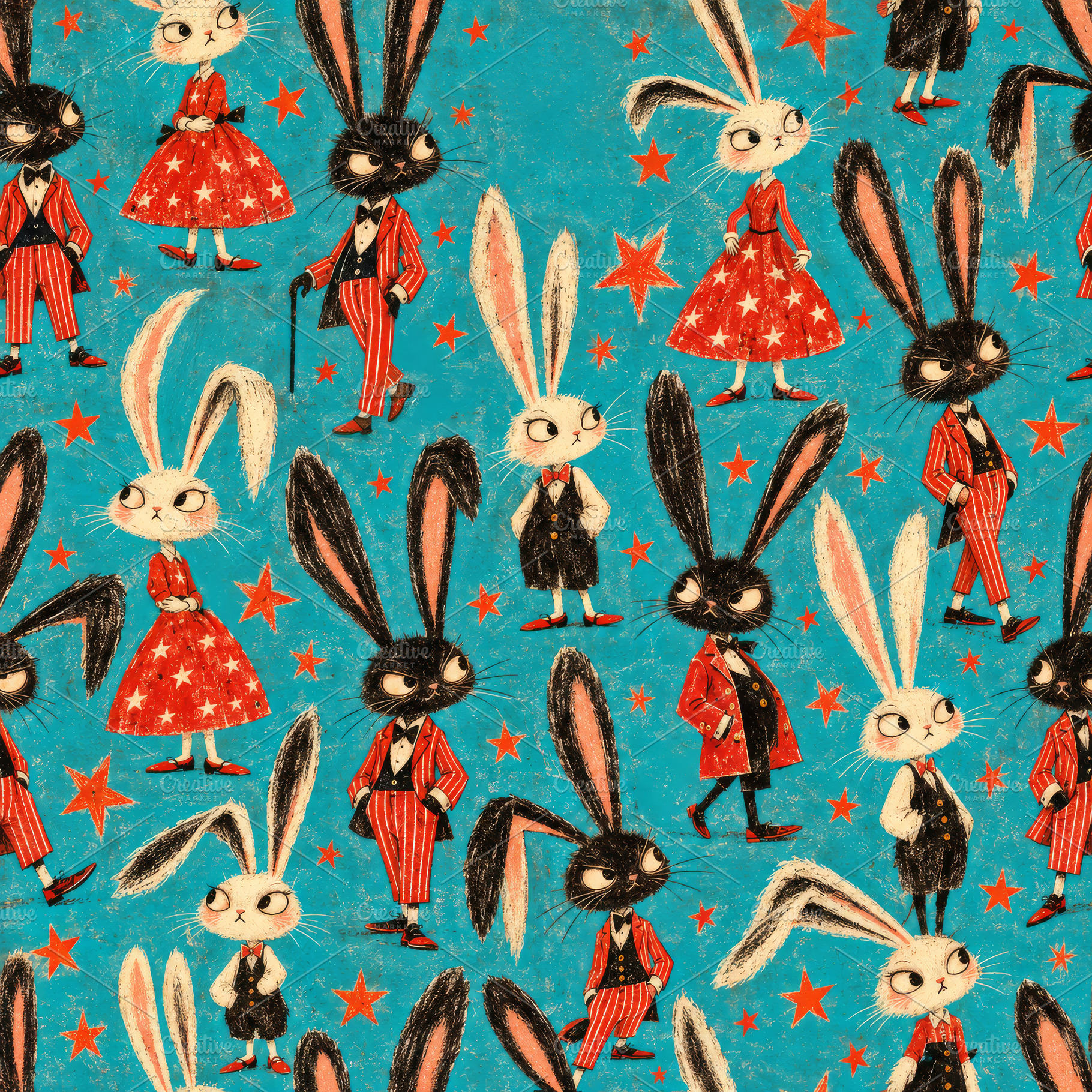 Whimsical pattern of black and white rabbits in bright red vinta, an Arts & Entertainment Photo by Imaginarium