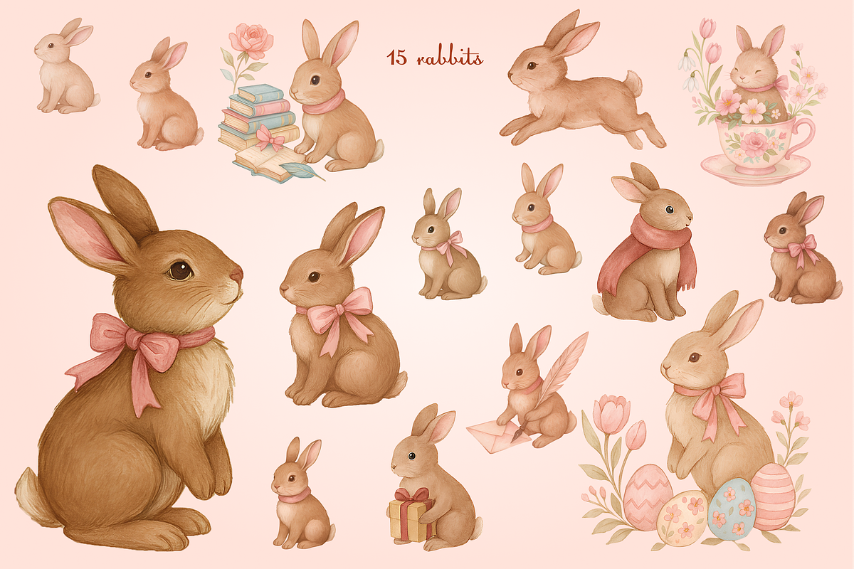 Vintage Watercolor Rabbits Clipart, an Illustration by Yana_mide (Photo 9 of 14)