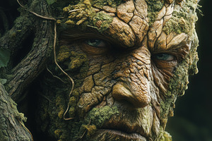 A close-up of a mythical tree-like creature with a textured bark-like face, sur, a Person Photo by Textures & Backgrounds