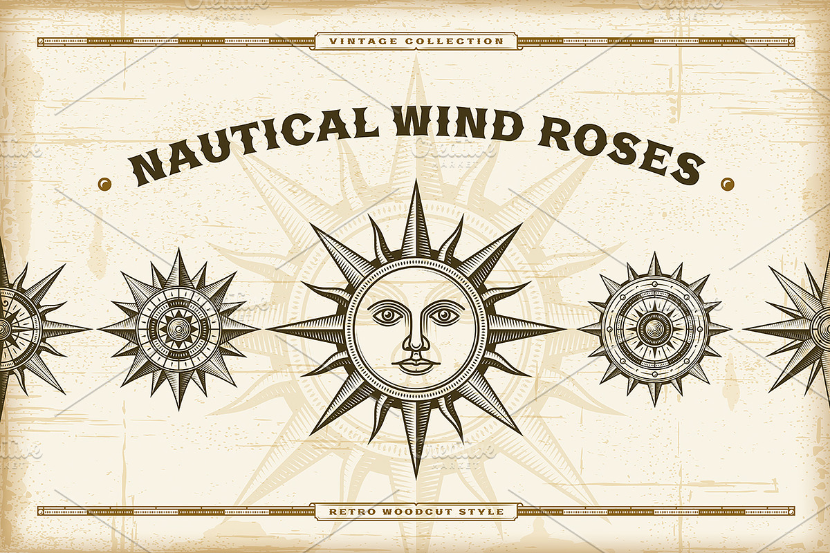 Vintage Nautical Wind Roses Set, a Texture Illustration by Retro Graphics