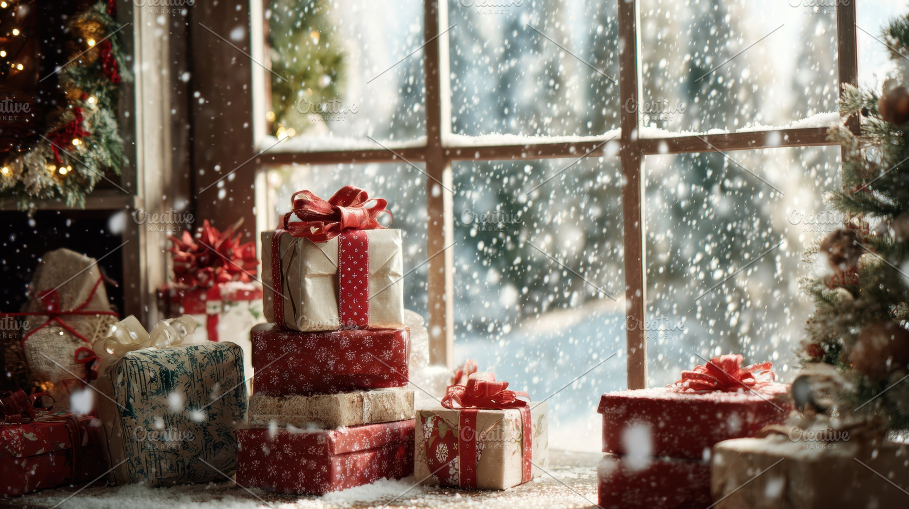 Snow falls on gifts near window, a Photo by Beautiful things