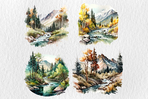 Watercolor Mountain River Landscape