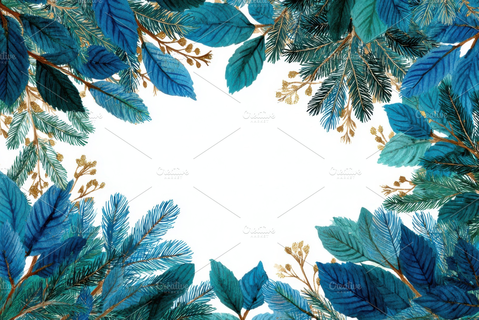 Teal and Gold Watercolor Winter Fram, a Photo by Pixeness Studio