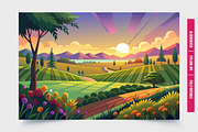 Sunset Over Green Hills and Road, an Illustration by Tanuart (Thumbnail 1 of 3)