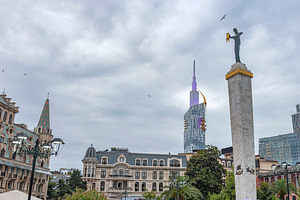 Europe Square architecture and Medea statue under cloudy sky in, a Photo by Pictures for you!!!!!!!!!