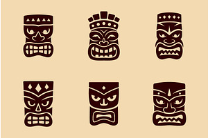 Set of six brown tiki masks on beige, an Illustration by GraphiShop
