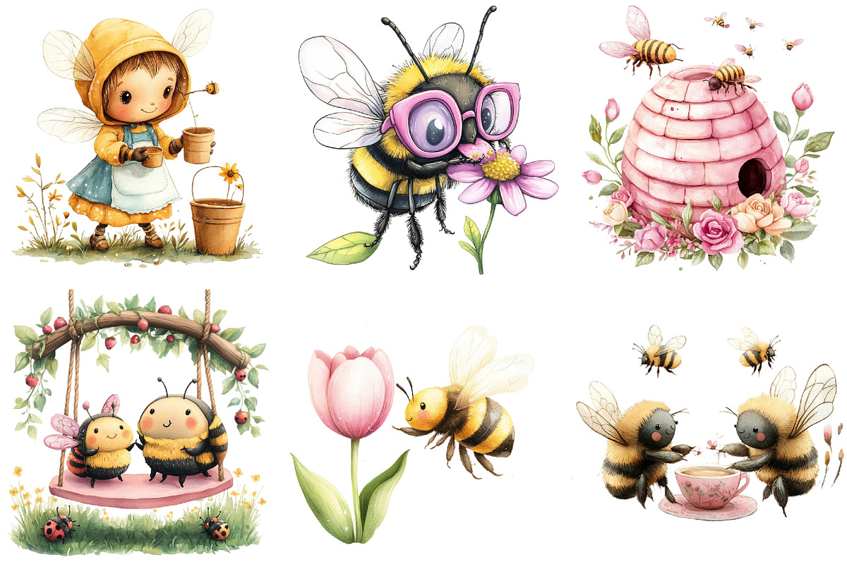 Pink Summer Bees Garden Clipart, an Illustration by Watercolor design (Photo 2 of 4)
