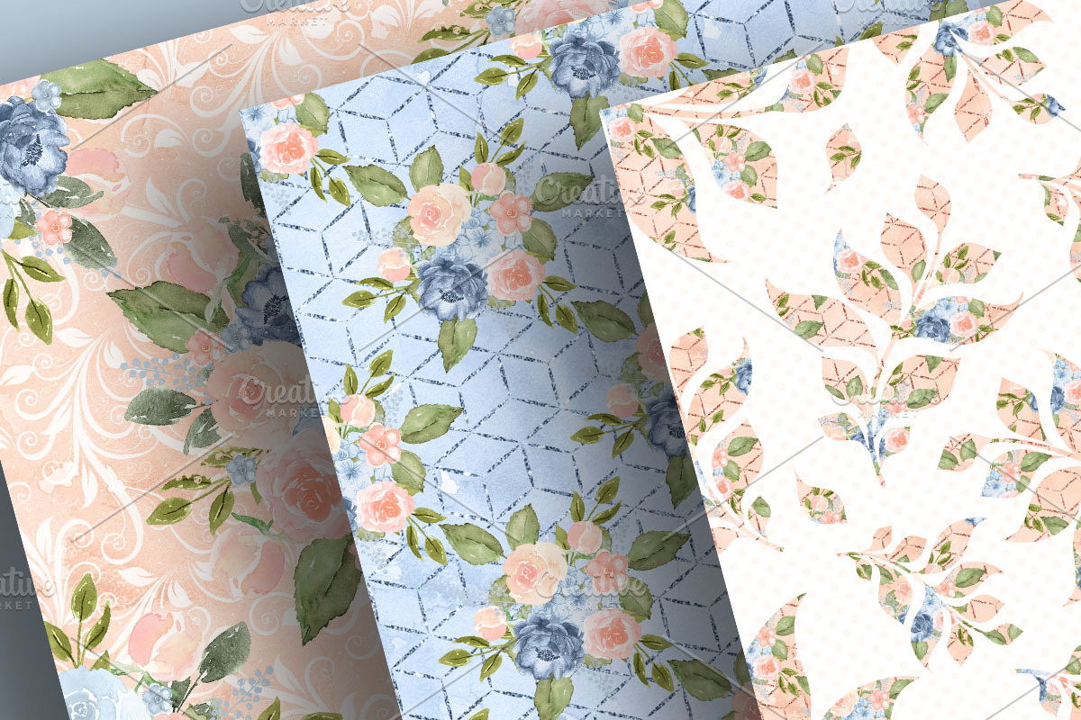Watercolor Blue Peach digital paper, a Pattern Graphic by designloverstudio