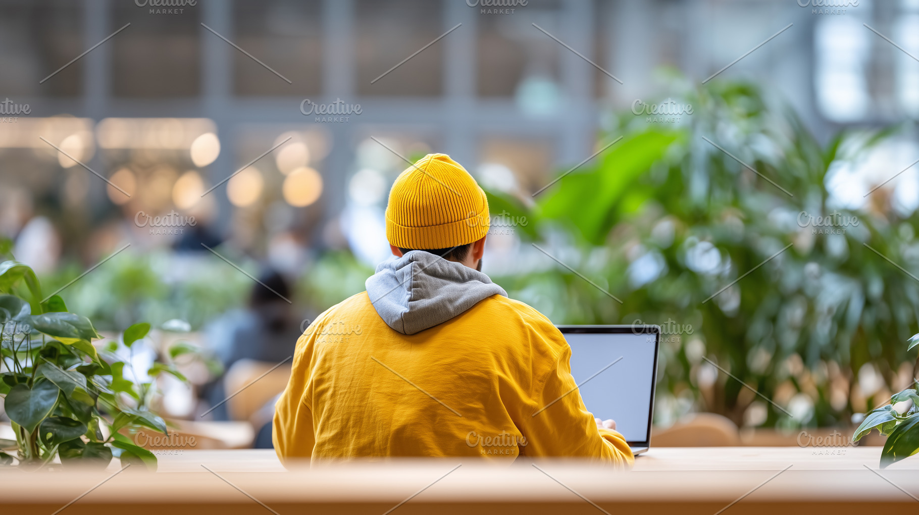 Rear view on a man in yellow beanie, a Business Photo by MistyDay