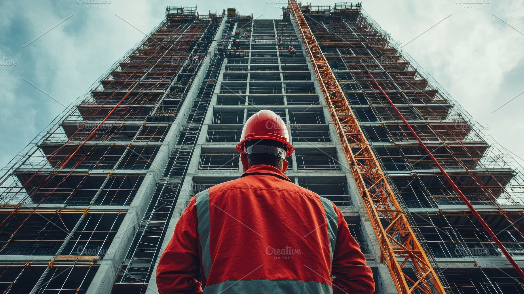 Construction worker stands before a, a Photo by Pixeness Studio