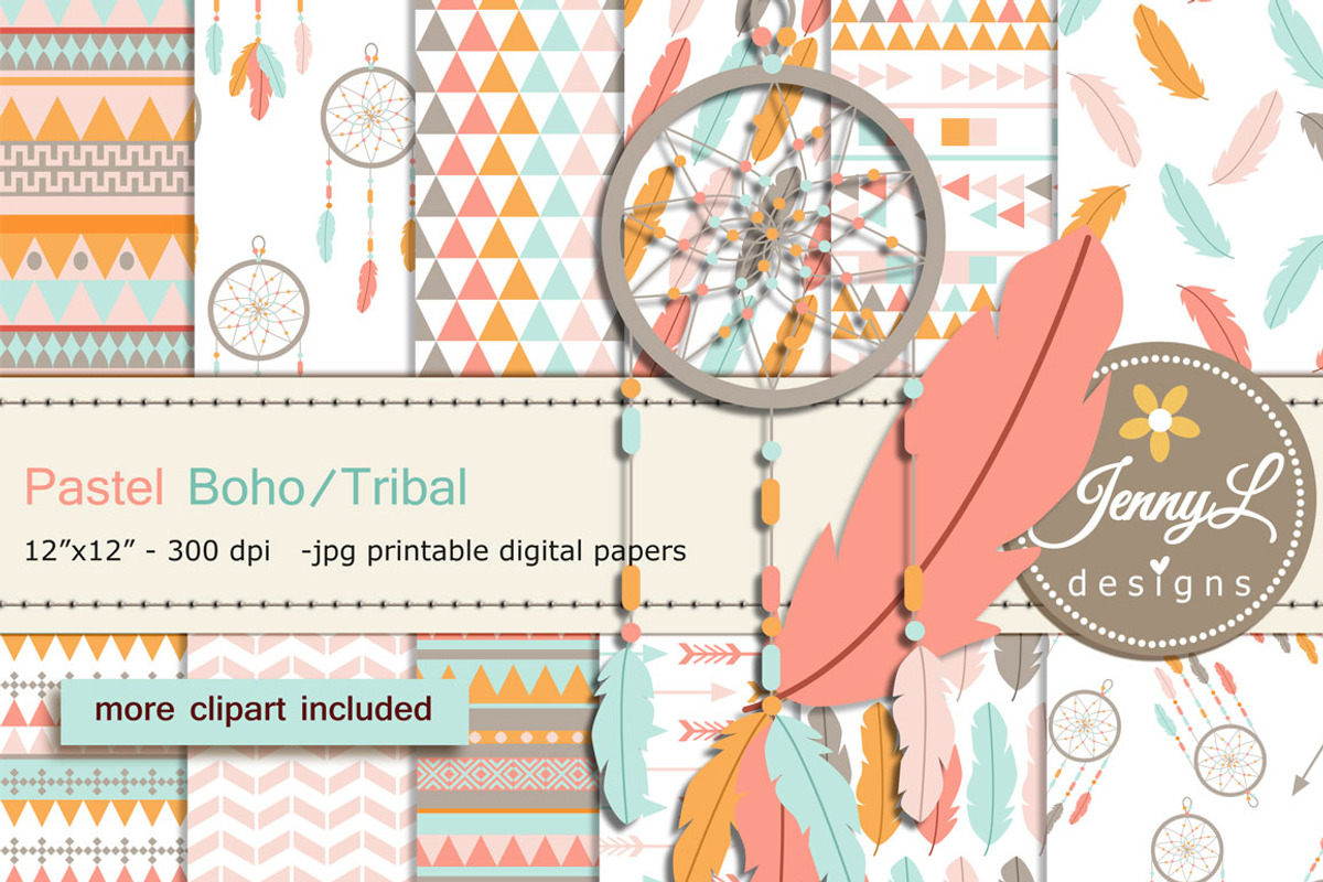 Pastel Boho Digital Papers Clipart, a Pattern Graphic by JennyL Designs (Photo 1 of 5)