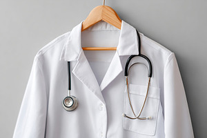 Realistic doctors lab coat displayed with a stethoscope on a wooden hanger agai, a Health & Medical Photo by AlyaAnd