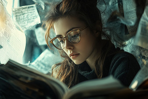 A young woman accountant with glasses is deeply engrossed in reading a book, su, a Person Photo by Textures & Backgrounds