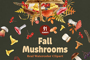 Fall Mushrooms Watercolor Clipart, a Seasonal Illustration by AnitaPol (Thumbnail 1 of 20)