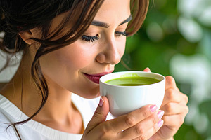 Woman enjoying a warm cup of green matcha tea, a Person Photo by GoodGoods