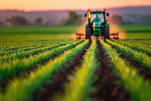 Tractor in young crop rows at sunset, an Industrial Photo by AlyaAnd
