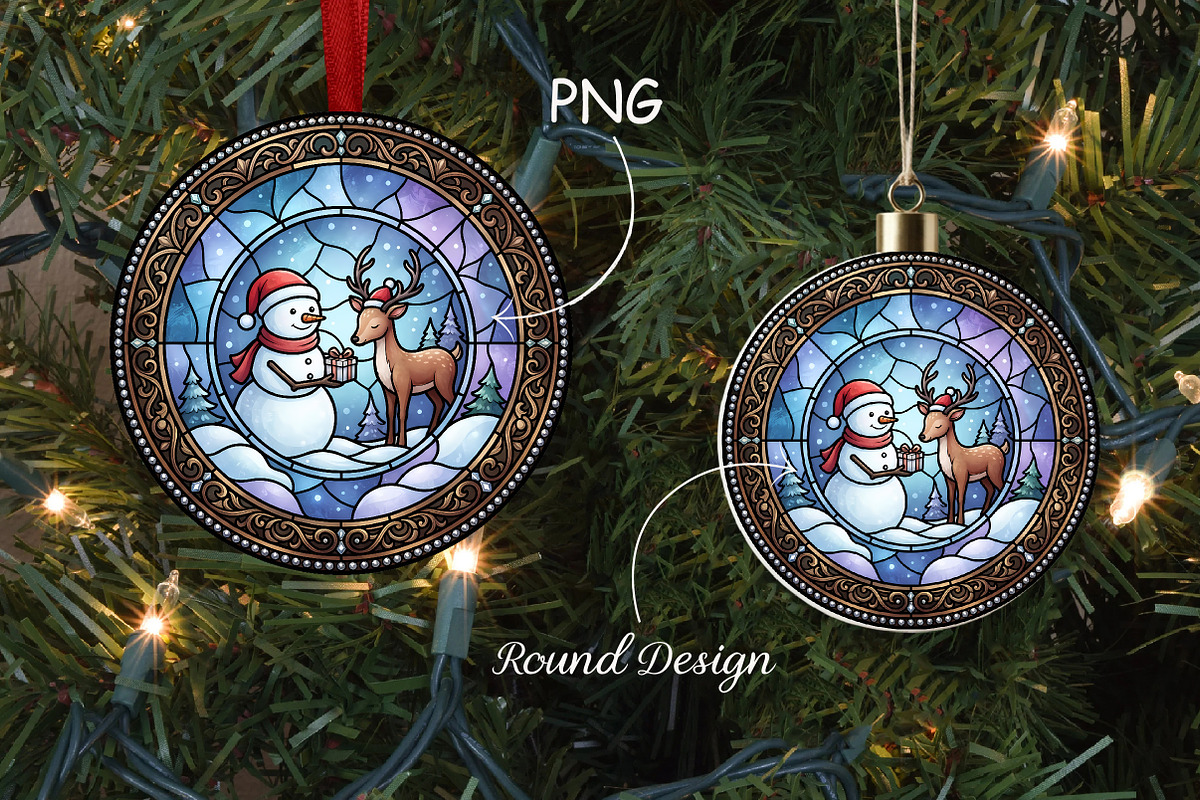 Stained Glass Snowman Deer Ornament, a Seasonal Illustration by CrexoraLab (Photo 1 of 3)