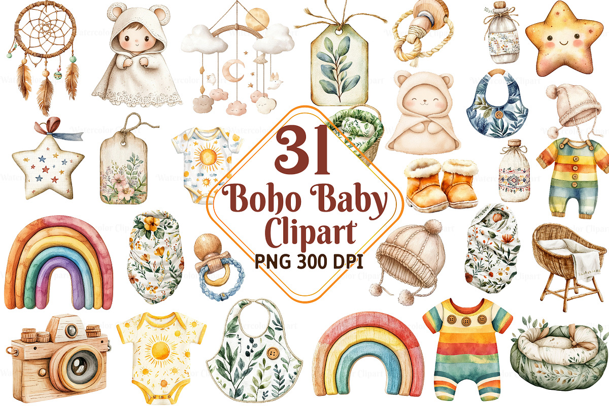 Boho baby watercolor clipart, an Illustration by Watercolor design (Photo 1 of 5)