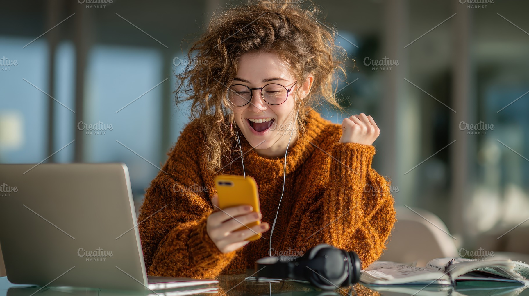 Happy woman celebrating success on p, a Photo by Pixeness Studio