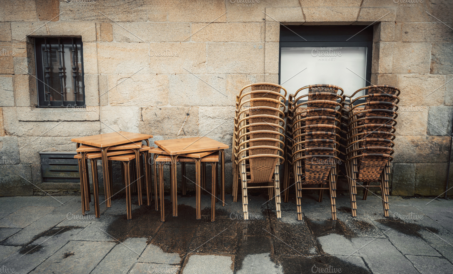 Empty cafe, chairs, tables on street, an Architecture Photo by SkyNext