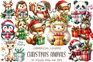 Christmas Animals Watercolor Clipart, an Illustration by OK Design