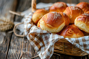 Freshly different baked buns in basket on wooden table, a Food & Drink Photo by AlyaAnd