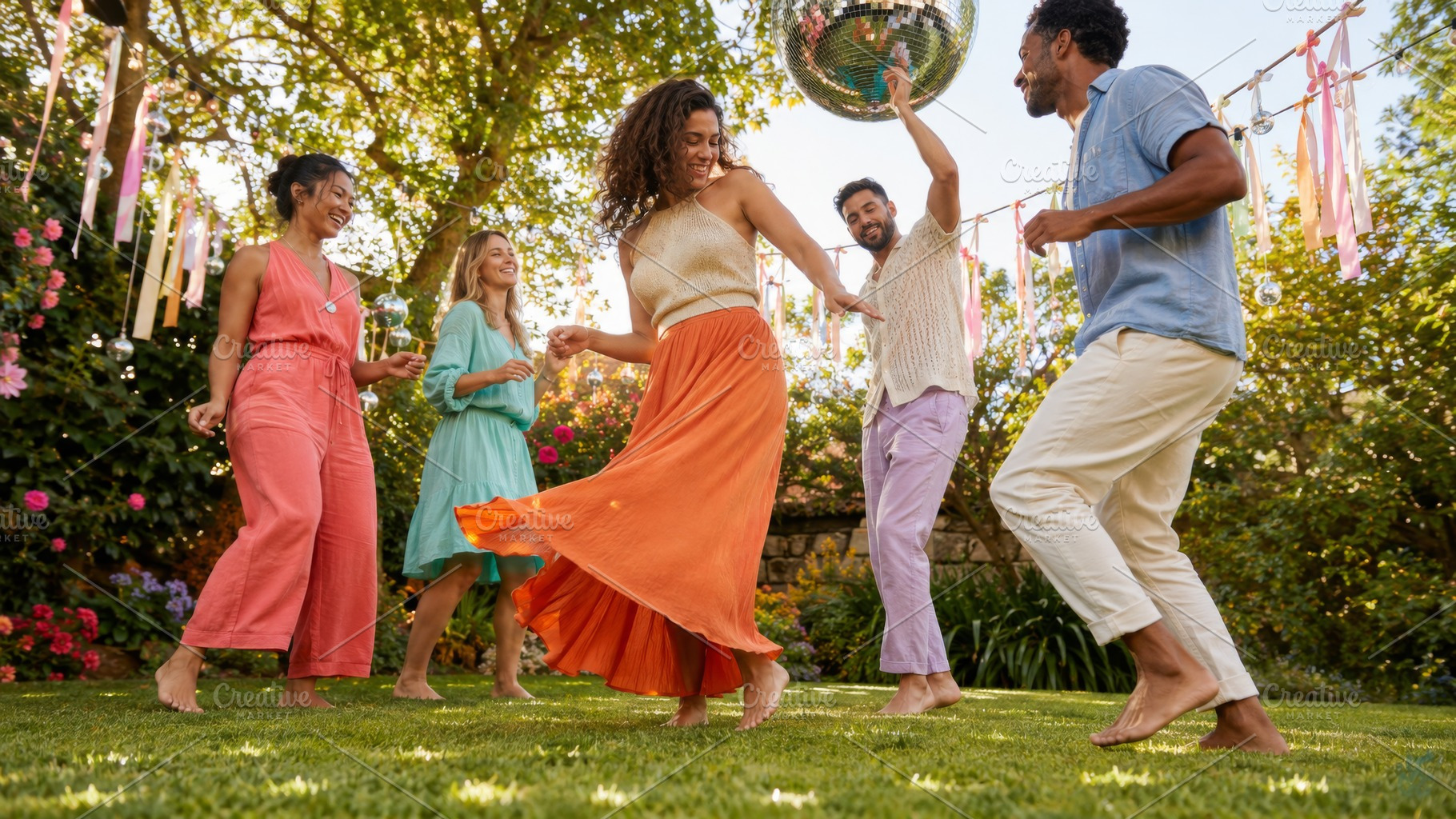 Garden disco party with people danci, a Photo by Dvoevnore photos