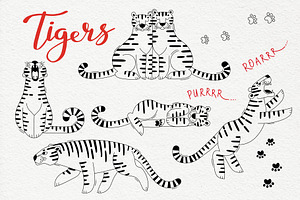 12 Cute Tigers - Clip Art & Pattern