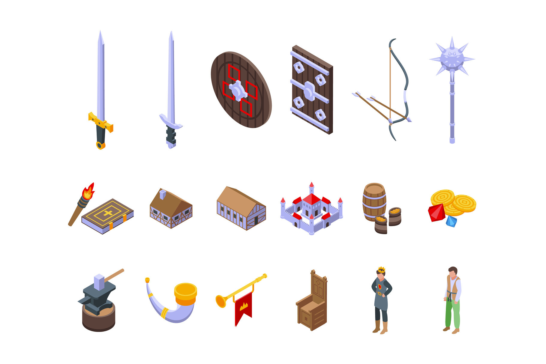 Medieval icons set isometric vector., a Person Illustration by Ylivdesign