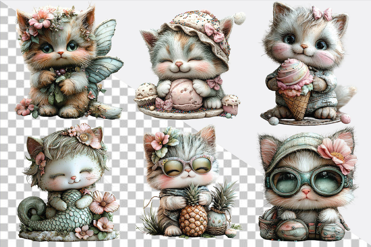 Whimsical Summer Cat Clipart Bundle, an Illustration by SVGArt (Photo 4 of 9)