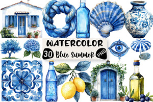 Blue Summer Mediterranean Clipart, an Illustration by Black Bird Studio