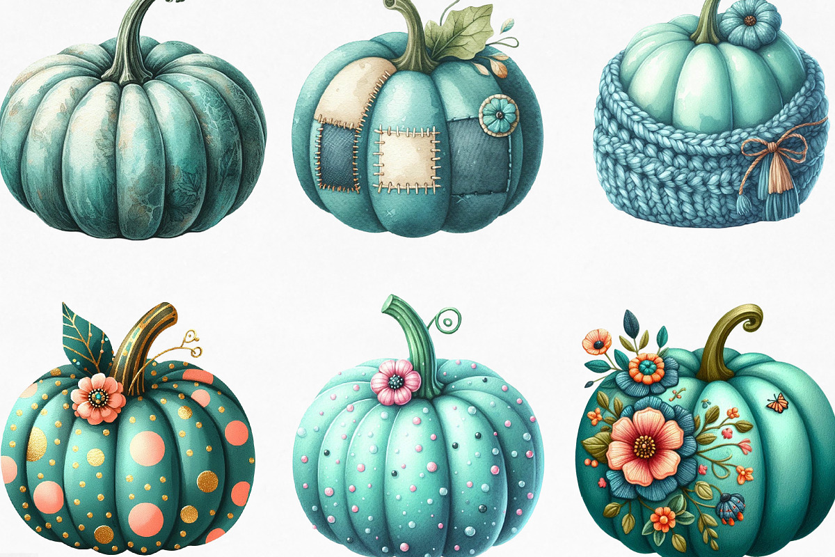 Watercolor Teal Pumpkins Clipart, an Illustration by Designking (Photo 3 of 4)