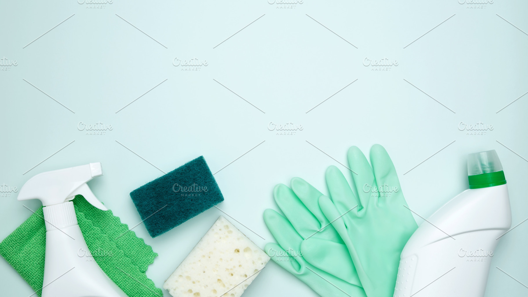 Concept of cleanliness and hygiene. Cleaning supplies and tools, including bott, a Photo by matucha