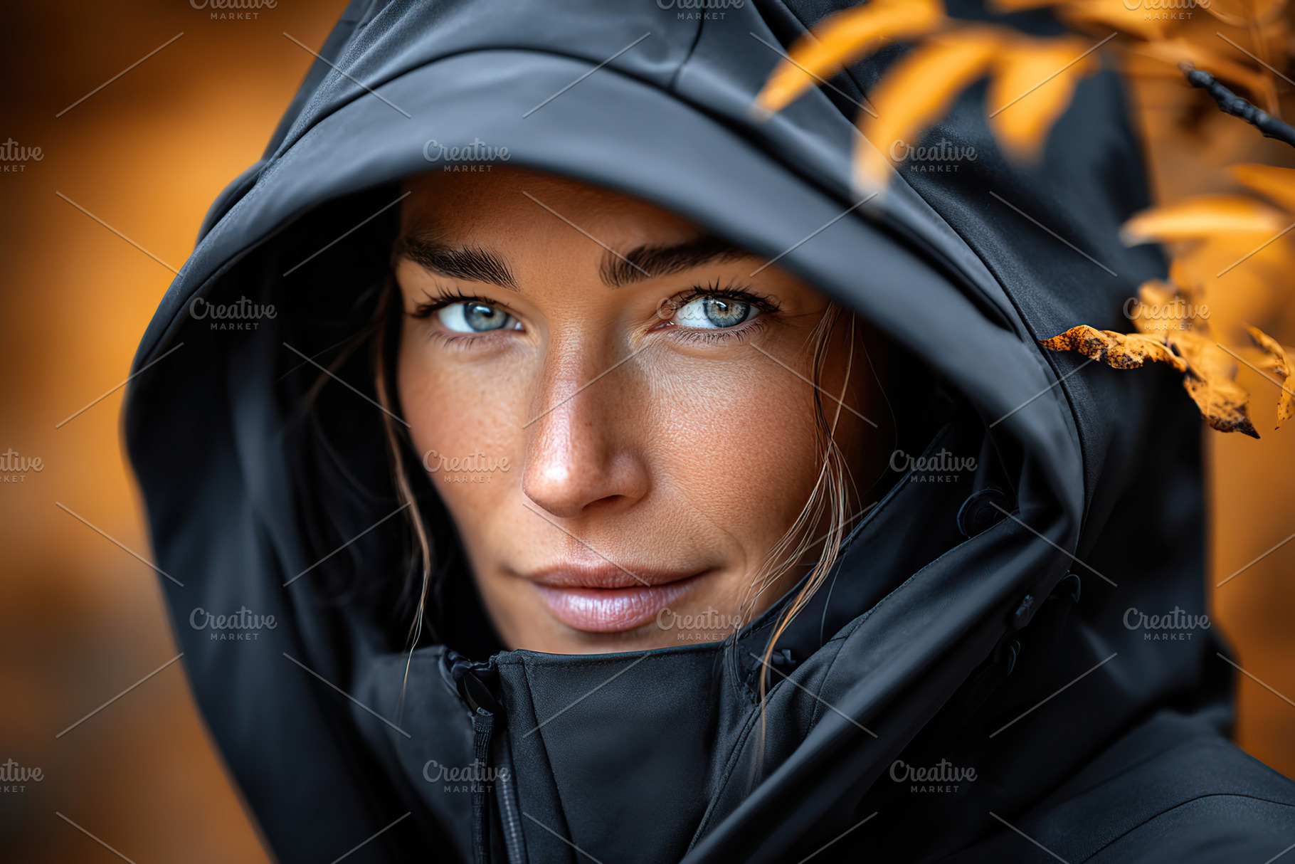 Close-up of a woman with striking blue eyes in a hooded jacket against autumn f, a Person Photo by AlyaAnd