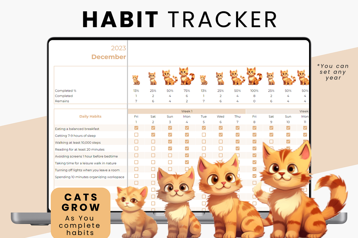 Habit Tracker Google Sheets | Cats, a Templates & Theme by MondaySpark (Photo 1 of 6)