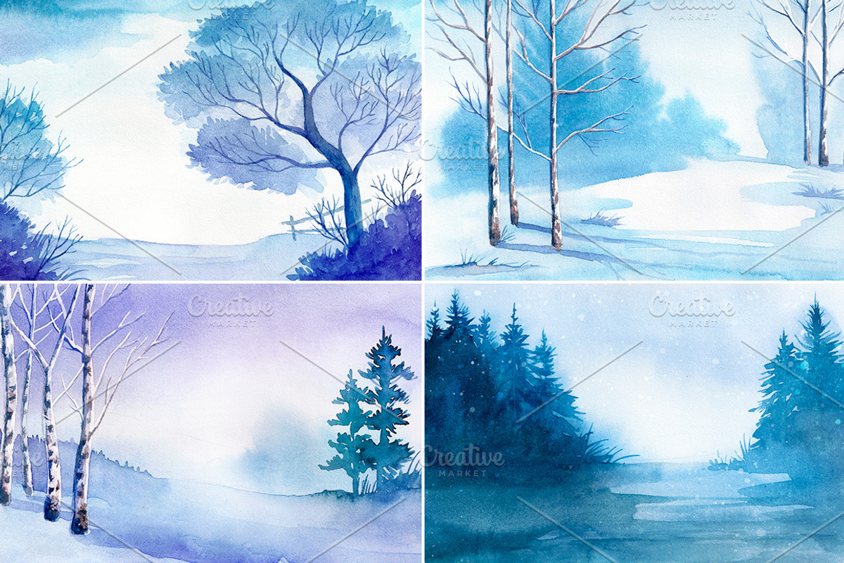 Winter Landscapes. Watercolor., an Illustration by AlexGreenArt (Photo 3 of 4)