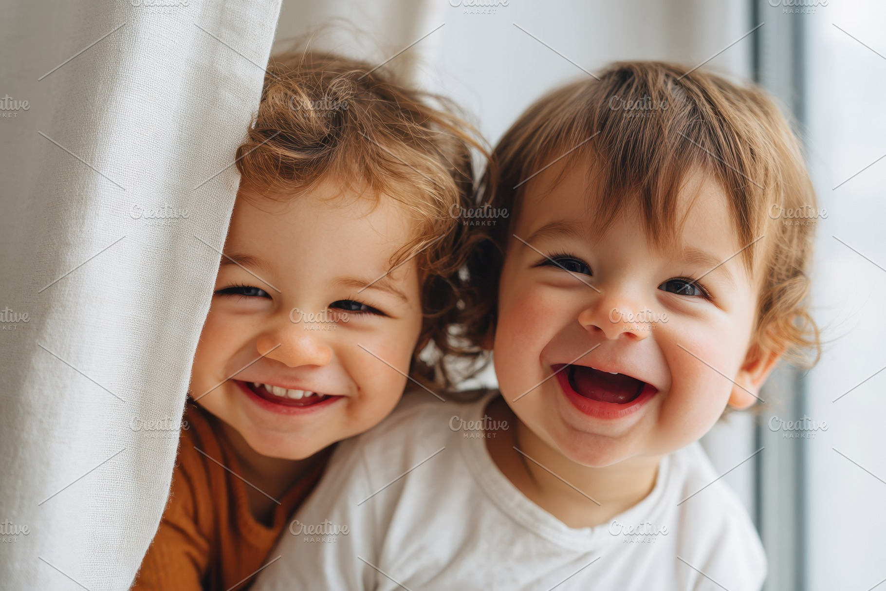 Two cheerful children peeking from behind a curtain, a Person Photo by AlyaAnd