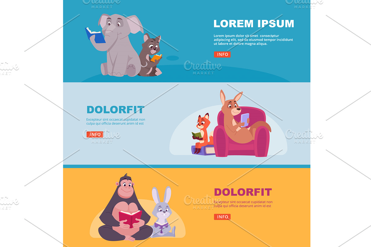 Animals reading. horizontal banners, an Object Illustration by Onyx