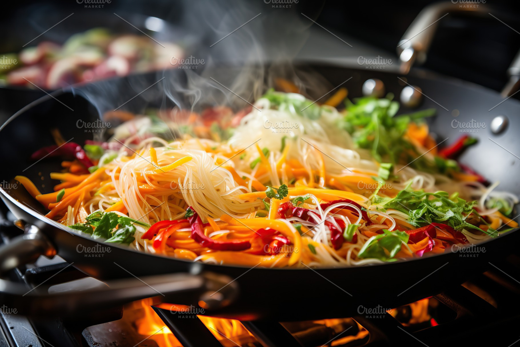 Cooking fresh vegetables and noodles in pan, a Food & Drink Photo by AlyaAnd