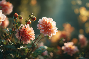 Peach Dahlias Blooming in Sunlight G, a Photo by Pixeness Studio