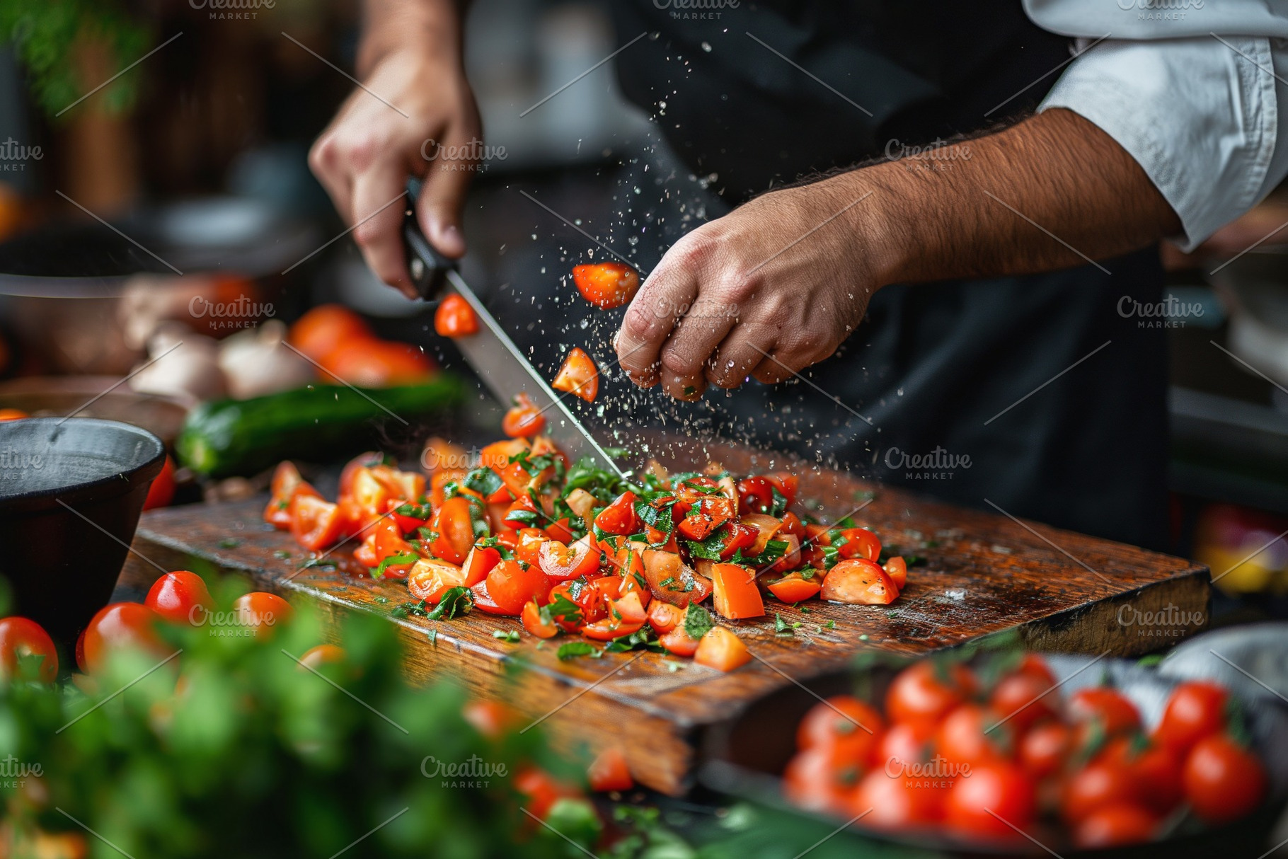 A male chef skillfully chopping fresh tomatoes and herbs on a rustic wooden boa, a Person Photo by ImageMir