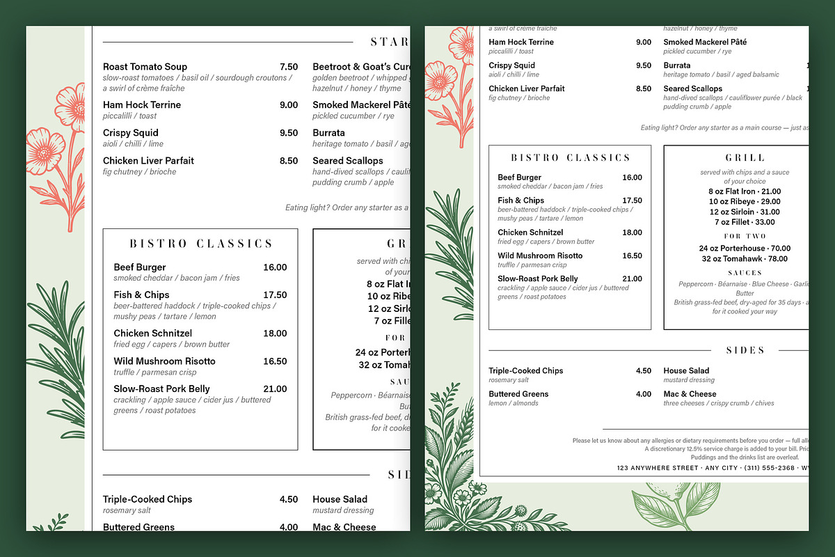Botanical Restaurant Menu Template, a Flyer Template by BrandPacks
