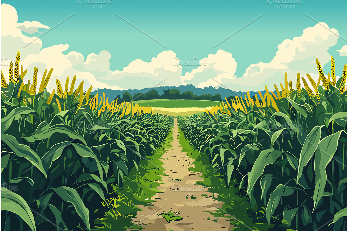 Corn fields background. Path between, an Illustration by Valerie Bodnar