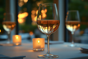 Glass of white wine on table in restaurant, a Food & Drink Photo by AlyaAnd