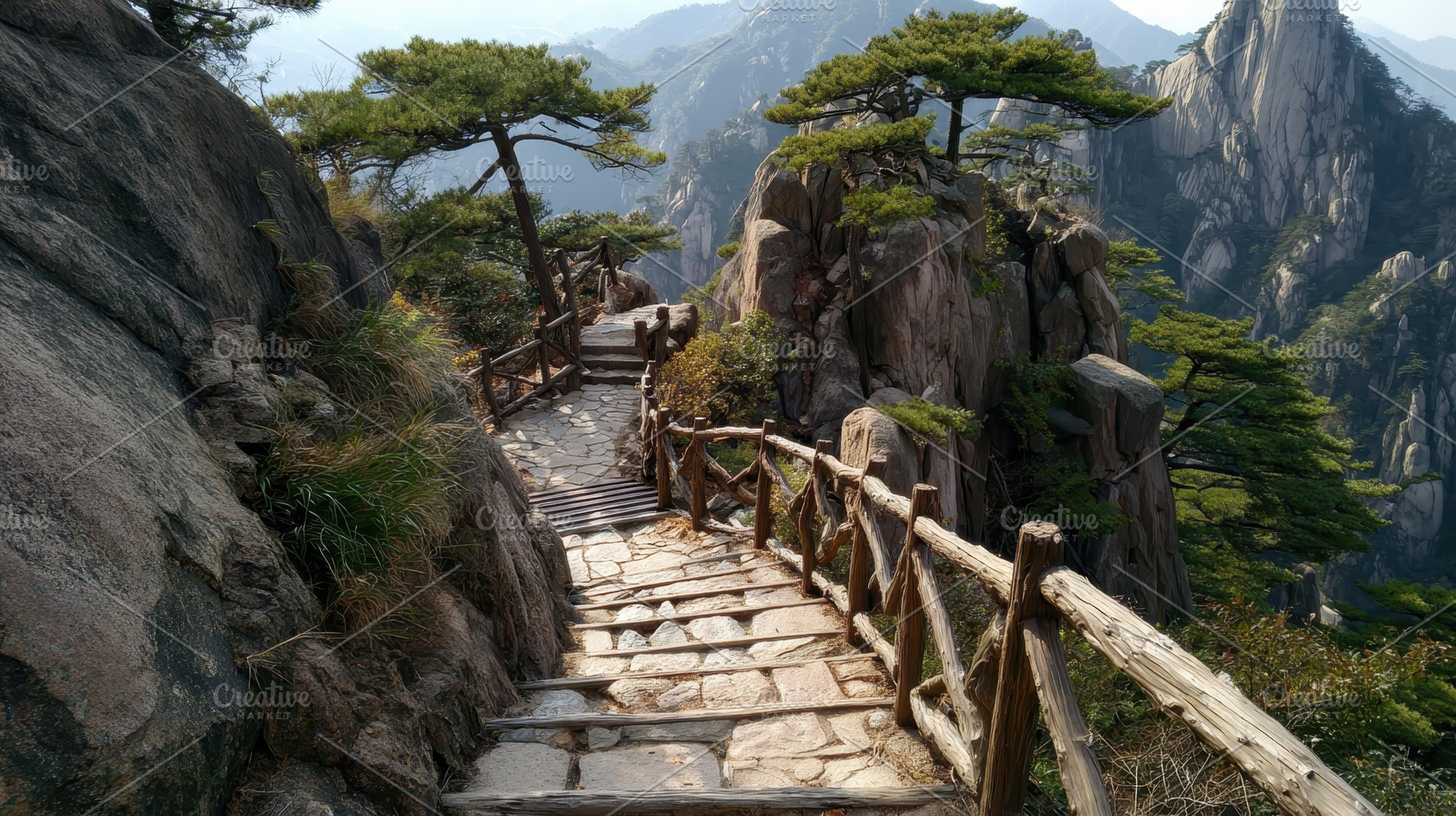 Stone path winds through trees along, a Photo by Pavel_design