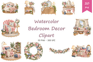 Watercolor Bedroom Decor Clipart, a Decorative Illustration by BerryPieArt