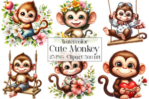 Watercolor Funny Monkey Clipart, an Illustration by CraftArtStudio