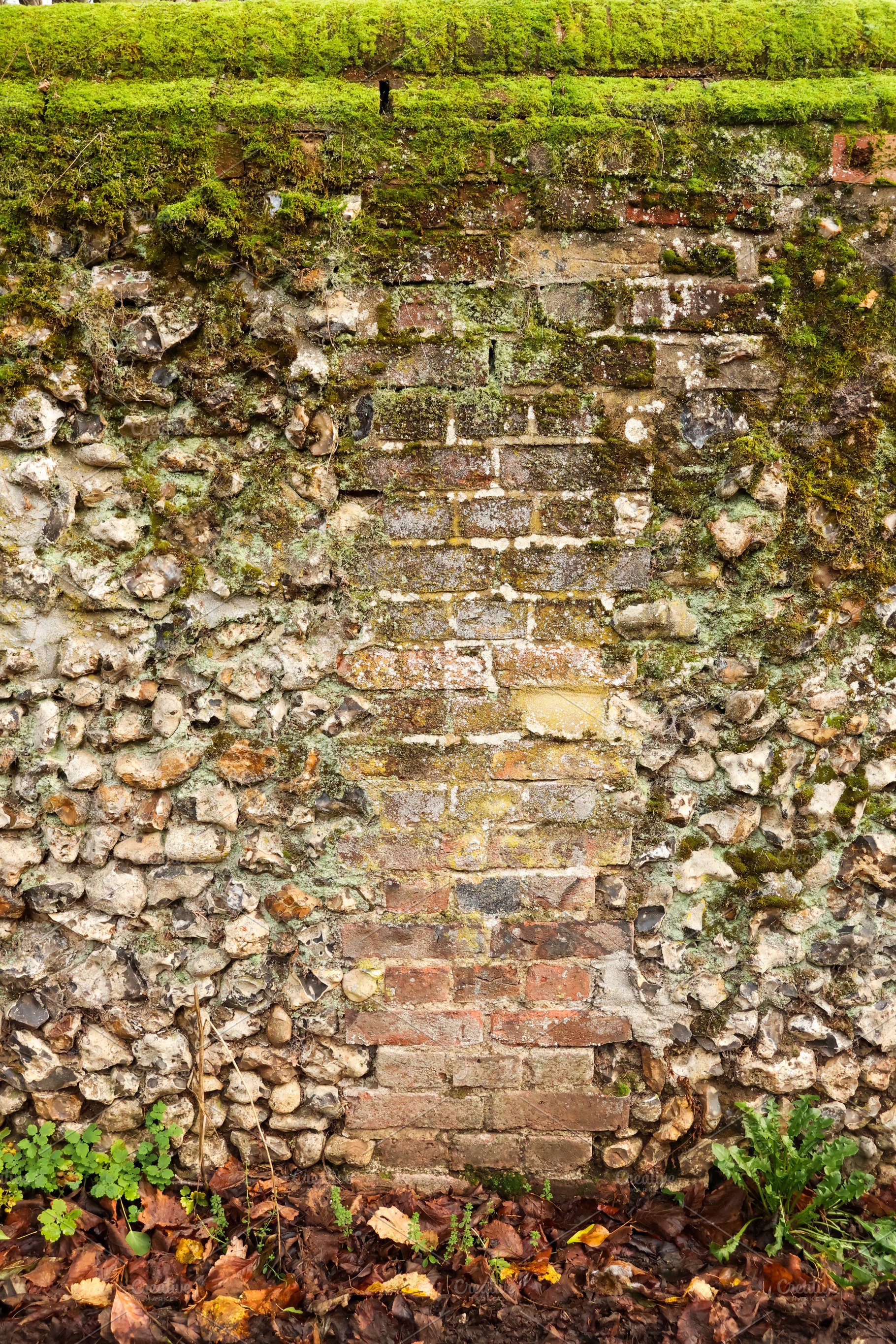 Old garden wall combining flint stones and bricks, covered in moss and lichen,, a Photo by Studio ANNA