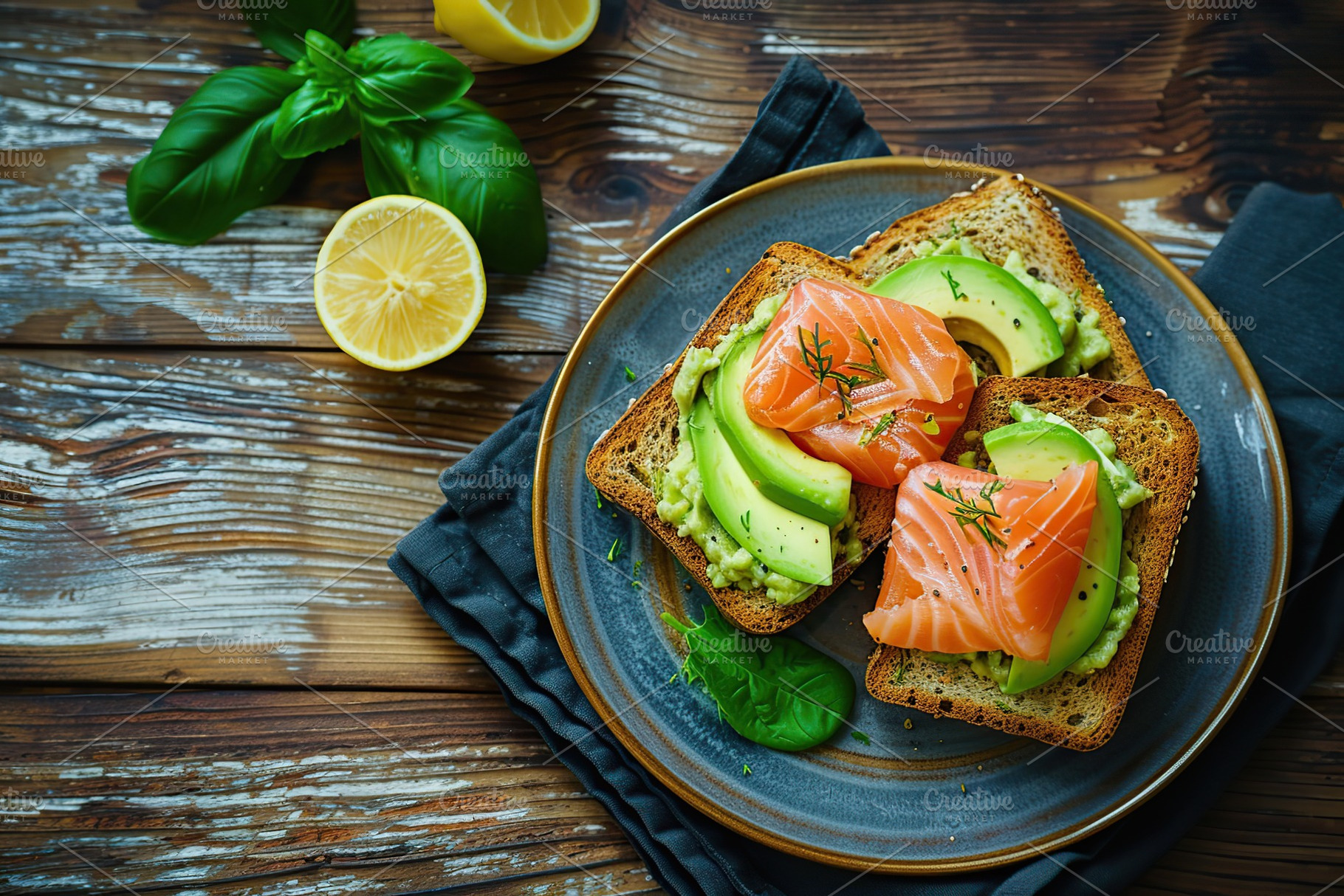 Toast bread with salted salmon and guacamole avocado on wooden table, a Food & Drink Photo by AlyaAnd